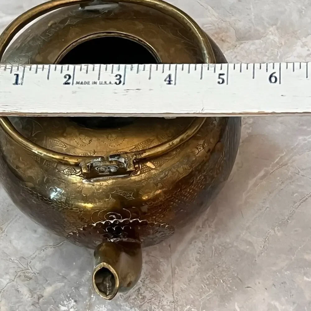 Antique Chinese Brass Engraved Teapot With Etched Designs Without Lid